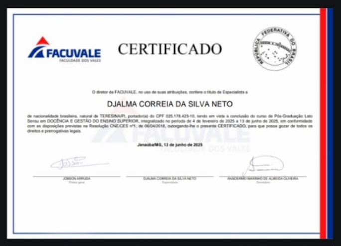 Miniatura do certificado de Docência do Ensino Superior de Djalma Correia