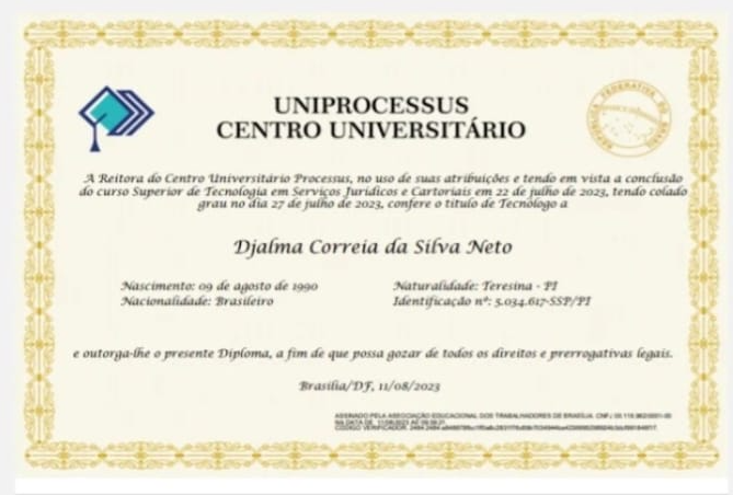 Miniatura do diploma de Serviços Jurídicos de Djalma Correia